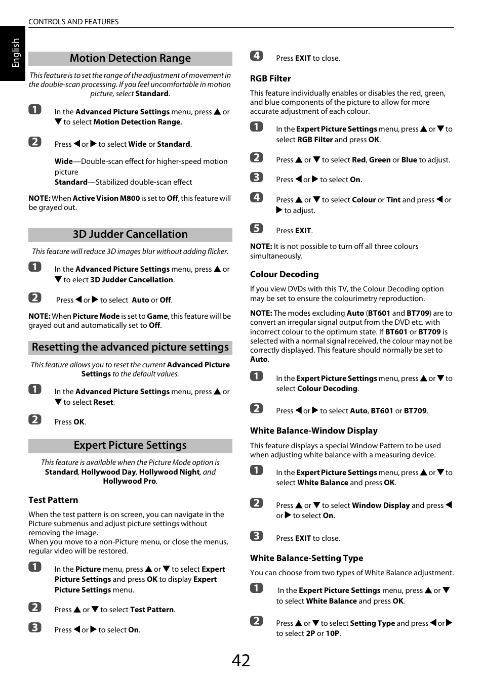 Motion detection range, 3d judder cancellation, Resetting the advanced picture settings | Expert picture settings | Toshiba ZL2 User Manual | Page 42 / 108