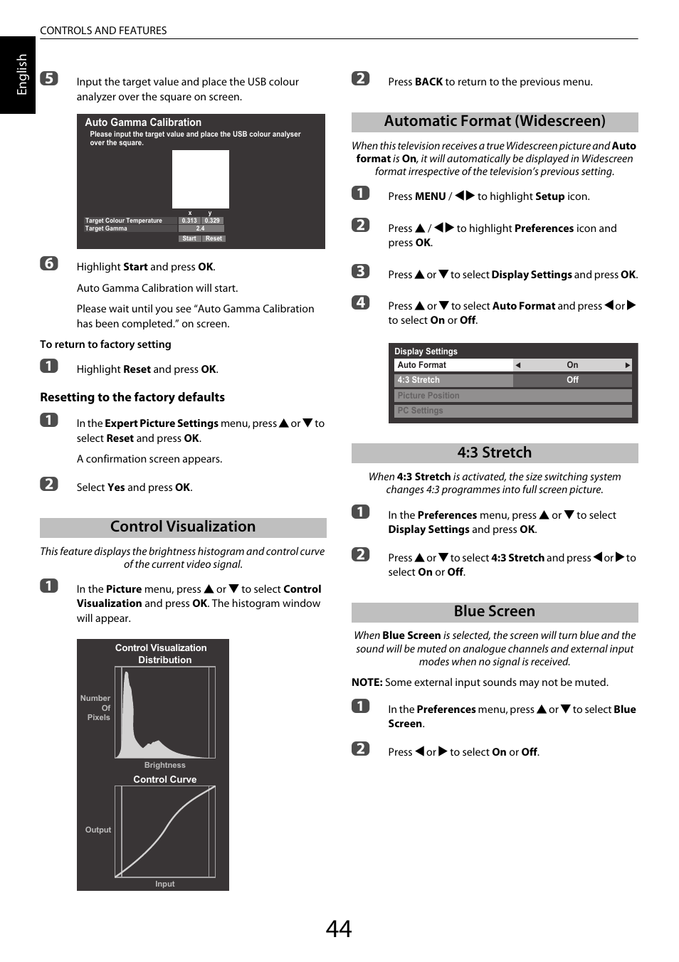 Control visualization, Automatic format (widescreen), 3 stretch | Blue screen | Toshiba ZL2 User Manual | Page 44 / 108