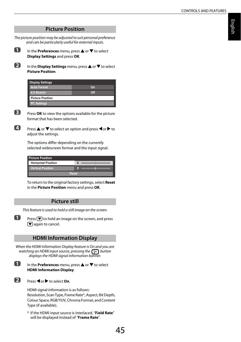 Picture position, Picture still, Hdmi information display | Toshiba ZL2 User Manual | Page 45 / 108