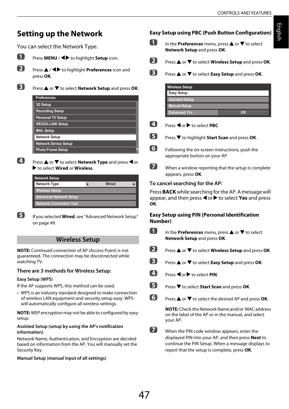 Setting up the network, Wireless setup | Toshiba ZL2 User Manual | Page 47 / 108