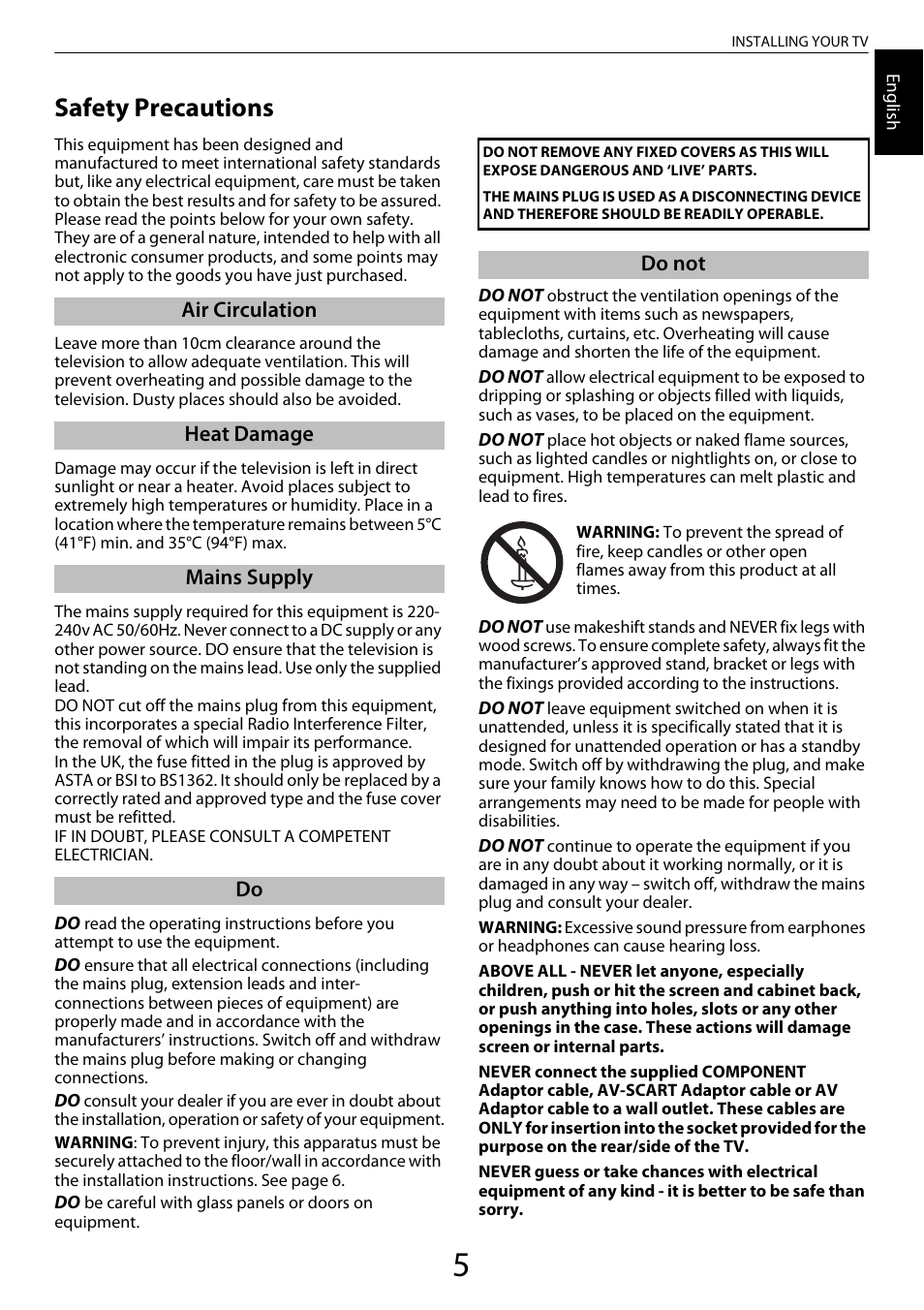 Installing your tv, Safety precautions | Toshiba ZL2 User Manual | Page 5 / 108