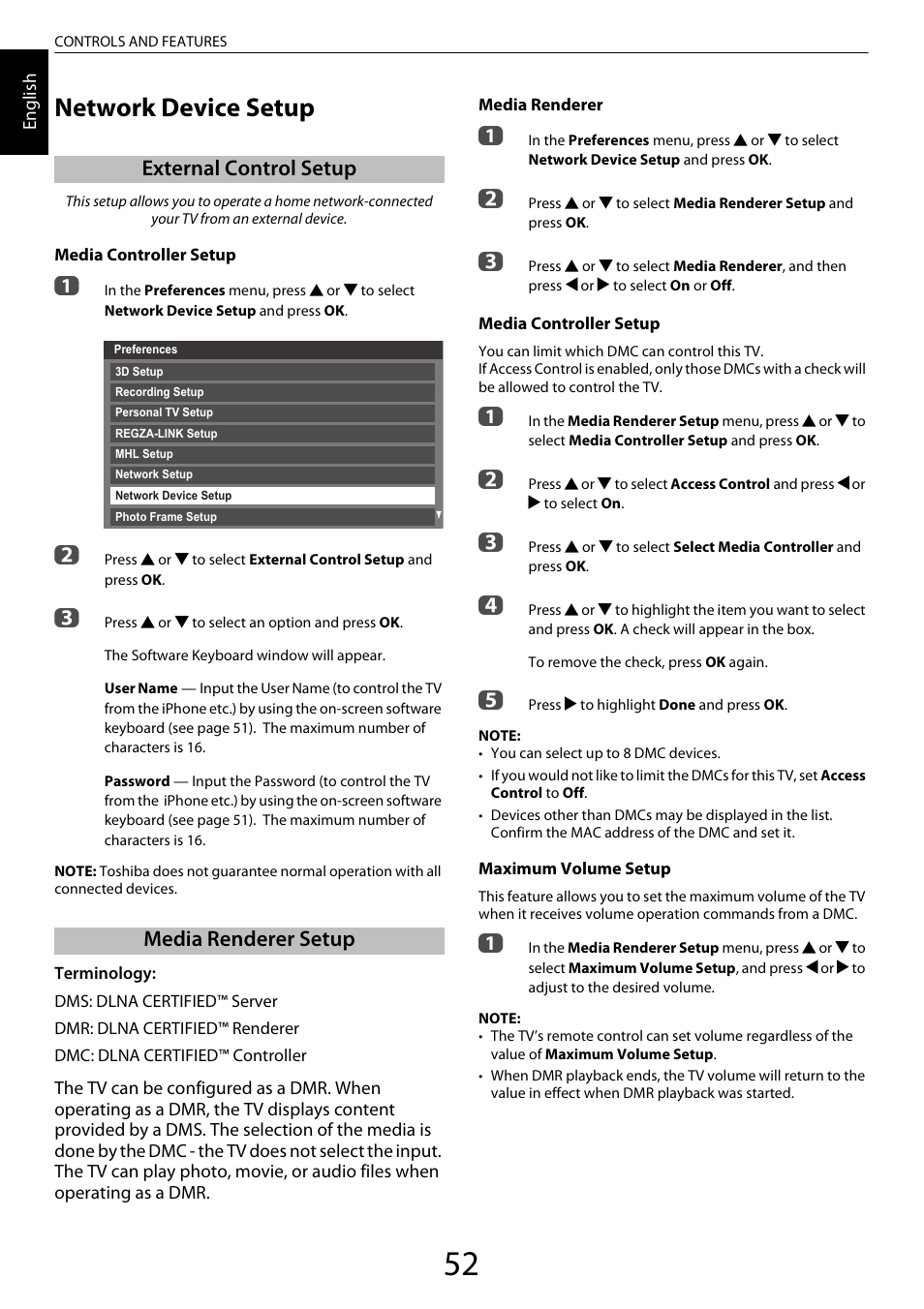 Network device setup, External control setup, Media renderer setup | External control setup media renderer setup | Toshiba ZL2 User Manual | Page 52 / 108