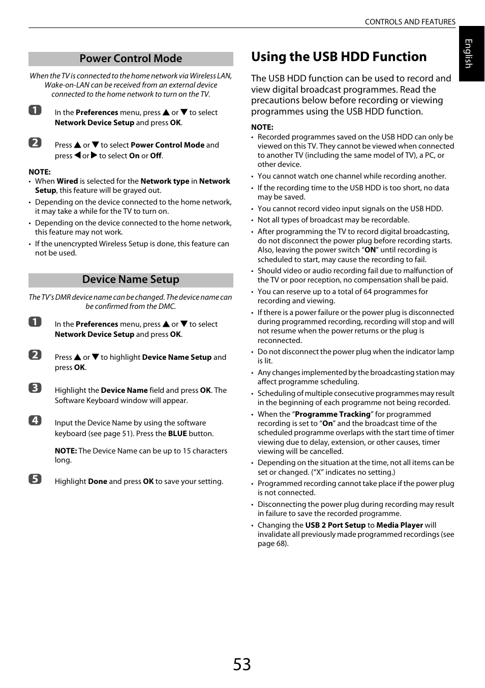 Power control mode, Device name setup, Using the usb hdd function | Power control mode device name setup | Toshiba ZL2 User Manual | Page 53 / 108