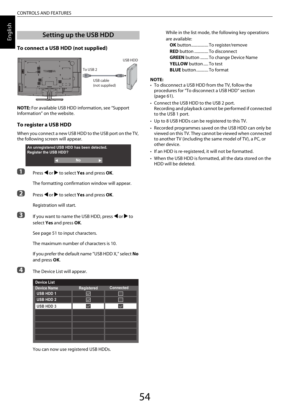 Setting up the usb hdd | Toshiba ZL2 User Manual | Page 54 / 108