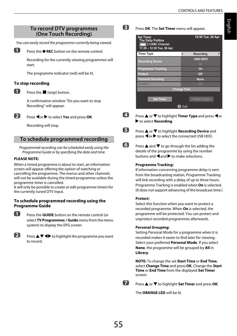 To record dtv programmes (one touch recording), To schedule programmed recording, To record dtv programmes | One touch recording) | Toshiba ZL2 User Manual | Page 55 / 108