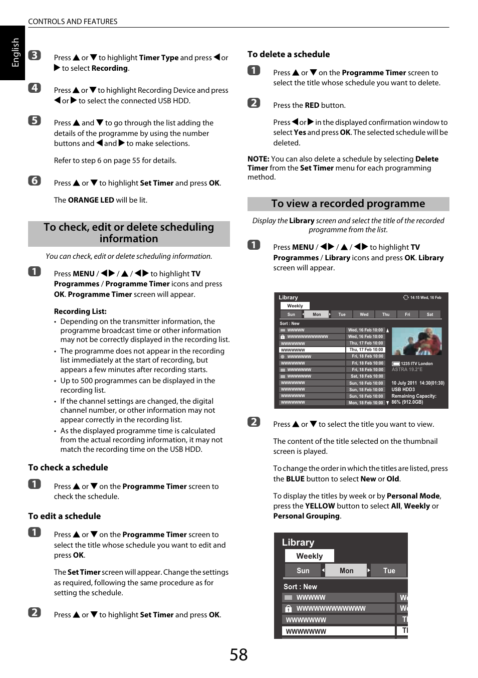 To check, edit or delete scheduling information, To view a recorded programme, En glis h | Library | Toshiba ZL2 User Manual | Page 58 / 108