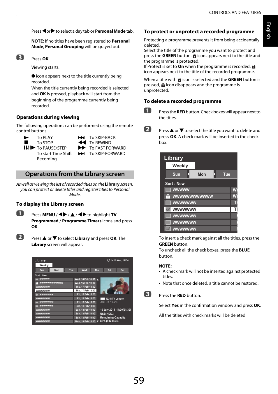 Operations from the library screen, Engl ish, Library | Operations during viewing | Toshiba ZL2 User Manual | Page 59 / 108