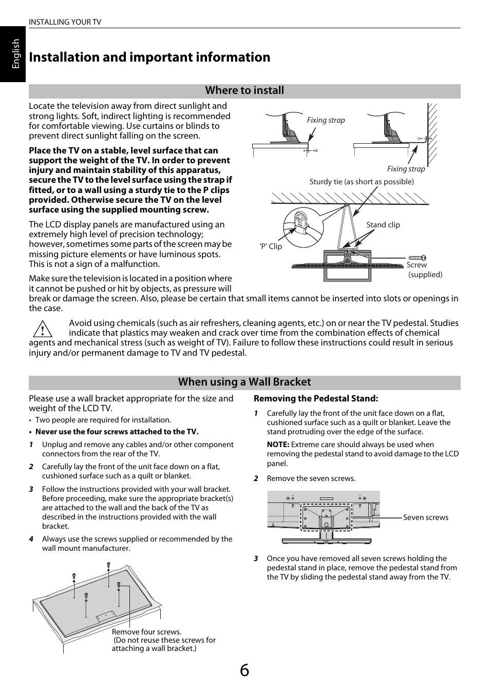 Installation and important information, Where to install, When using a wall bracket | Toshiba ZL2 User Manual | Page 6 / 108