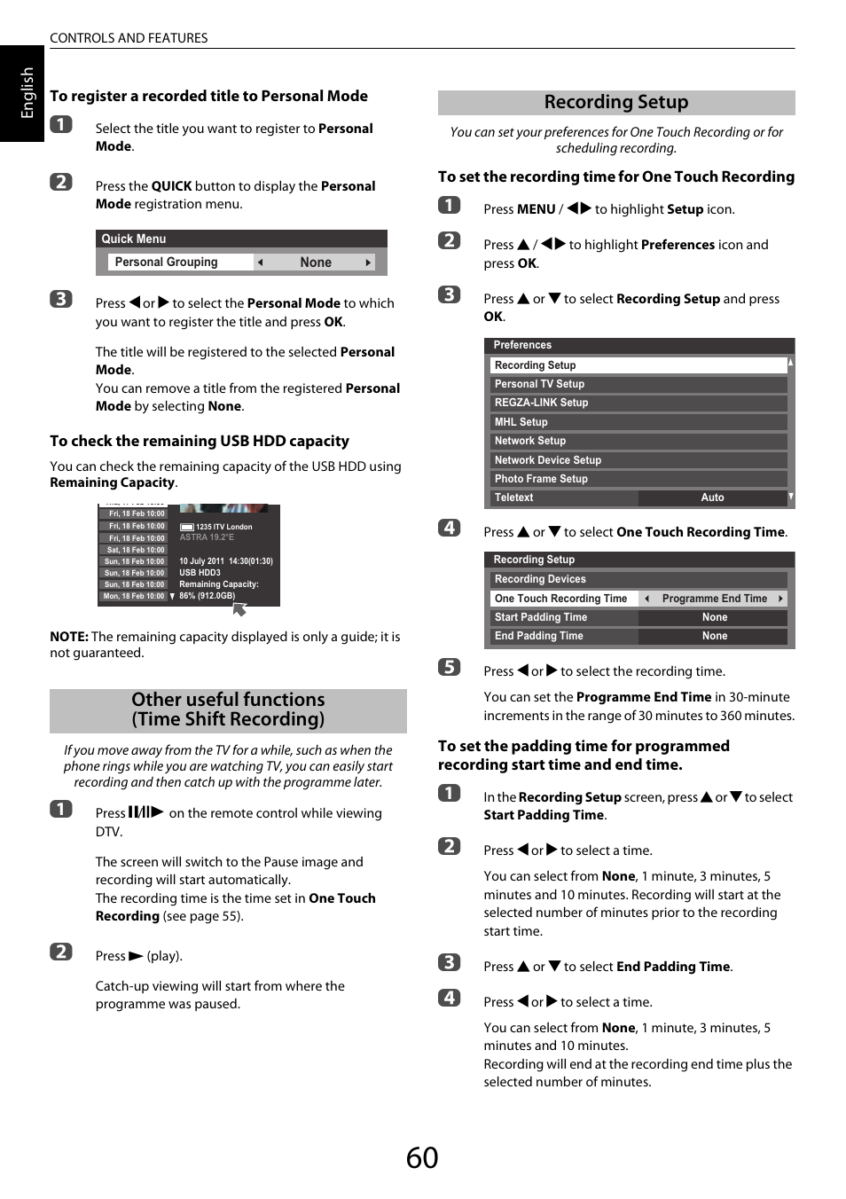 Other useful functions (time shift recording), Recording setup, Other useful functions | Time shift recording) | Toshiba ZL2 User Manual | Page 60 / 108