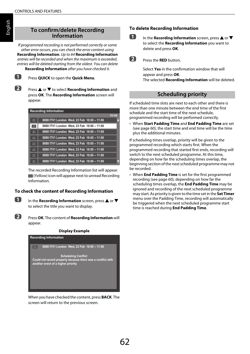 To confirm/delete recording information, Scheduling priority | Toshiba ZL2 User Manual | Page 62 / 108