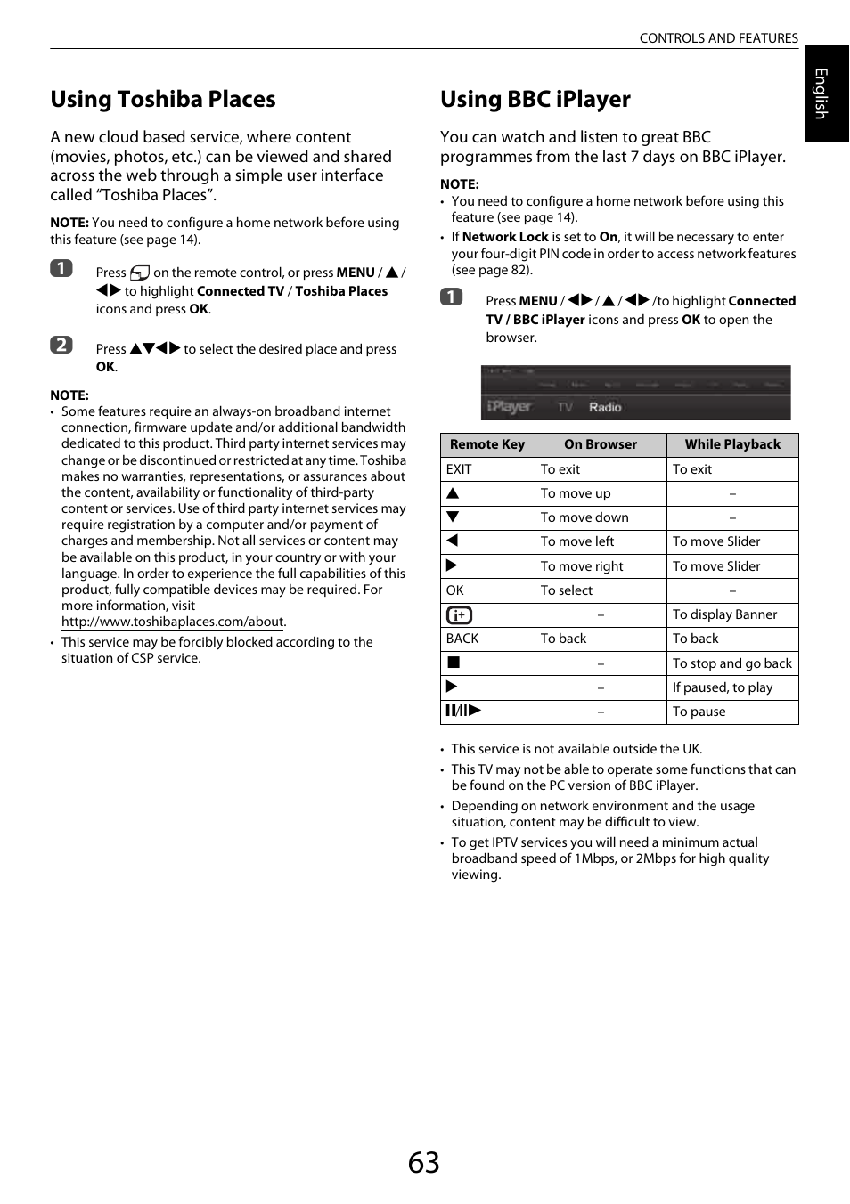 Using toshiba places, Using bbc iplayer | Toshiba ZL2 User Manual | Page 63 / 108