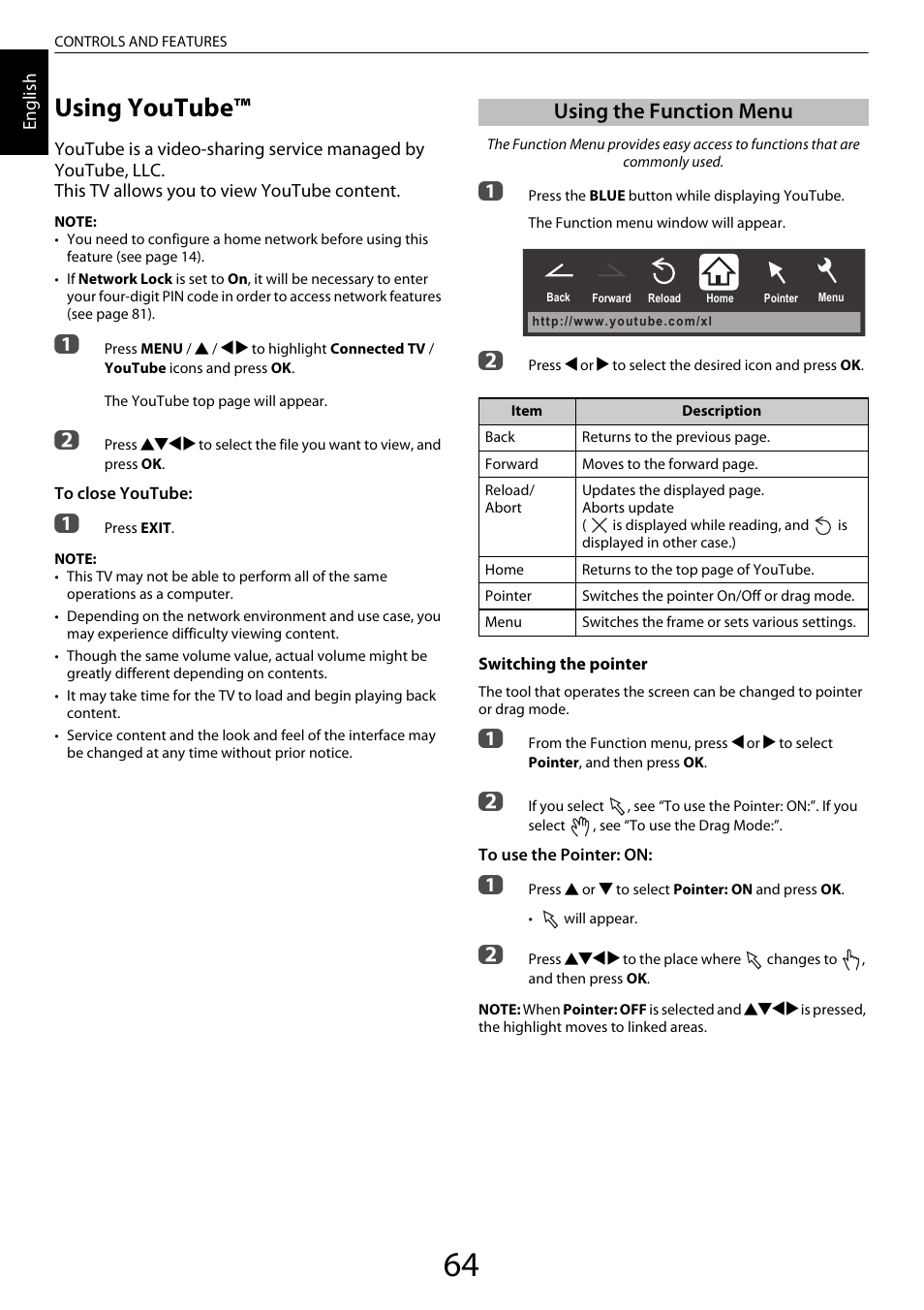 Using youtube, Using the function menu | Toshiba ZL2 User Manual | Page 64 / 108