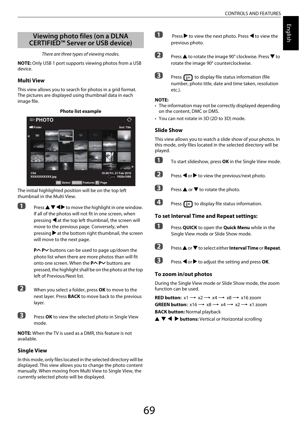 Viewing photo files, On a dlna certified™ server or usb device) | Toshiba ZL2 User Manual | Page 69 / 108