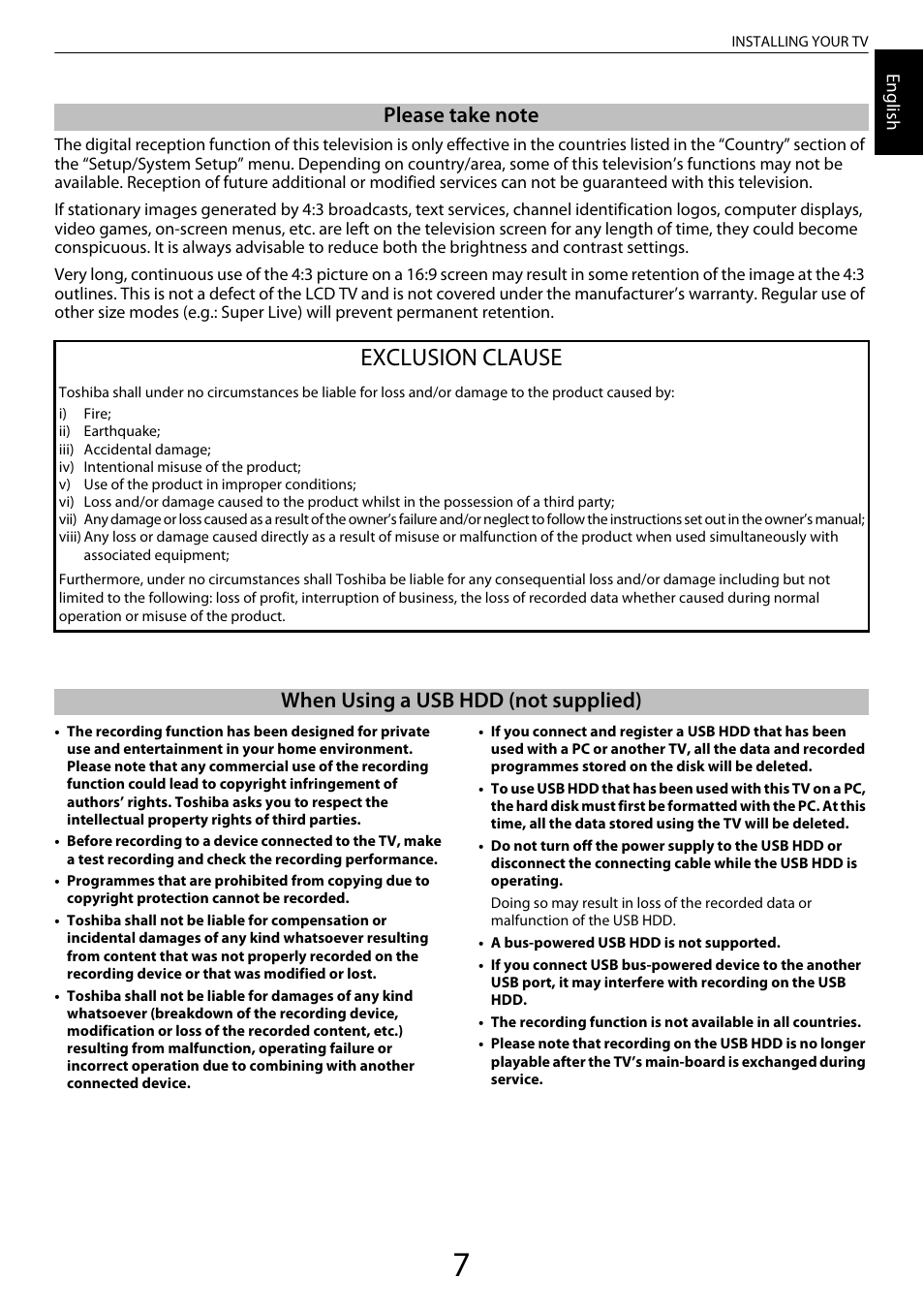 Exclusion clause, When using a usb hdd (not supplied) | Toshiba ZL2 User Manual | Page 7 / 108