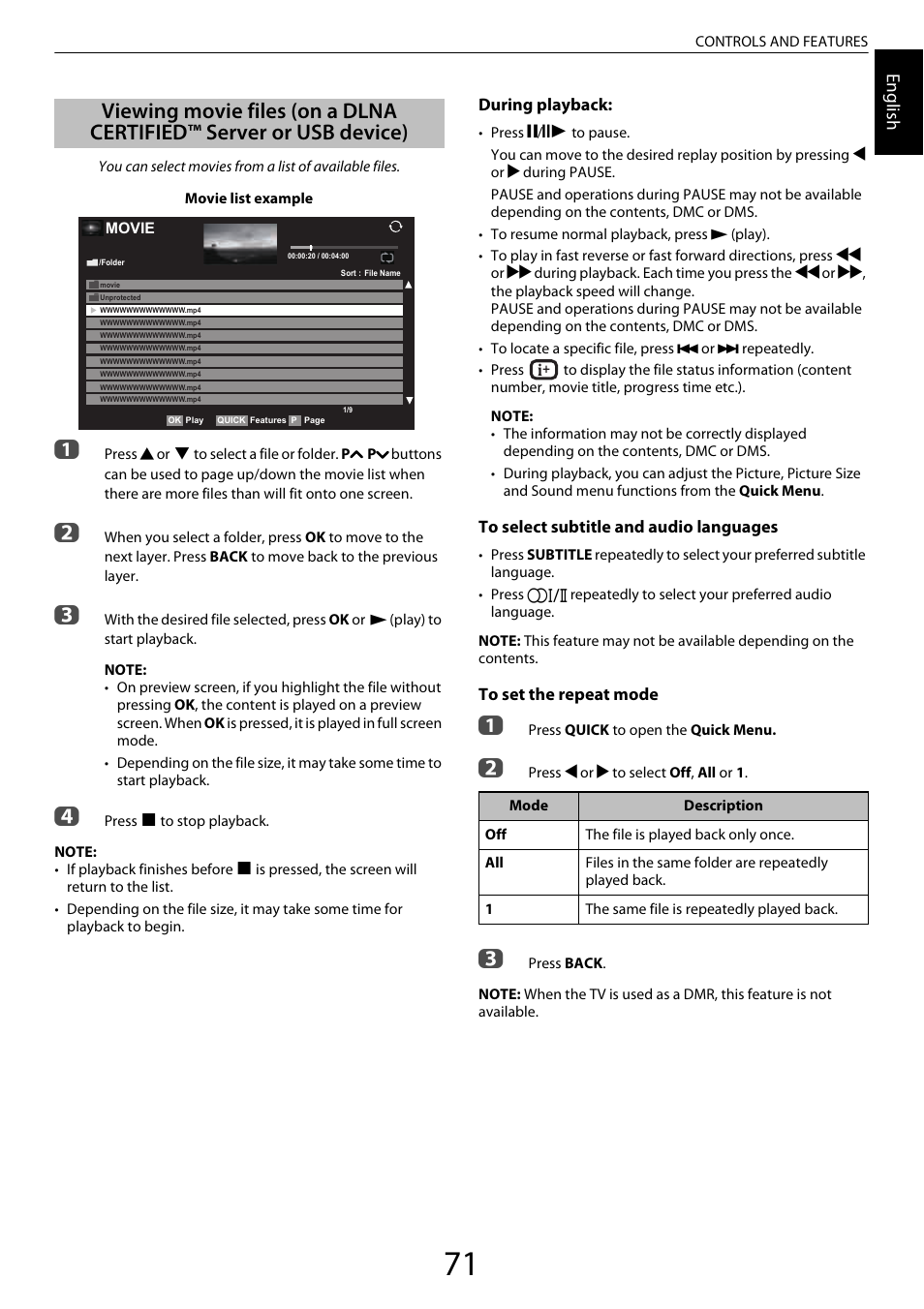 Viewing movie files, On a dlna certified™ server or usb device), Engl ish | Toshiba ZL2 User Manual | Page 71 / 108