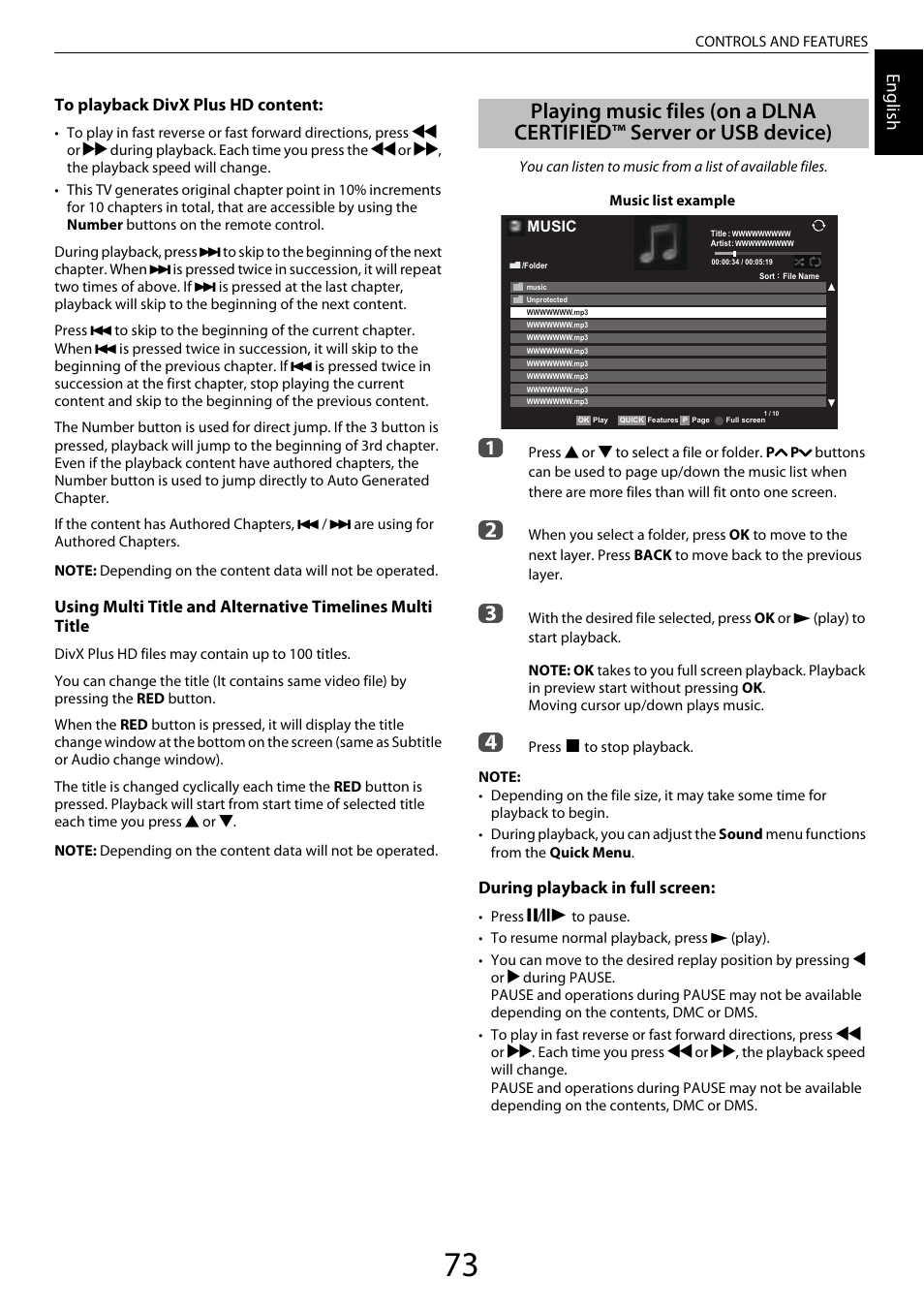 Playing music files, On a dlna certified™ server or usb device), Engl ish | Toshiba ZL2 User Manual | Page 73 / 108