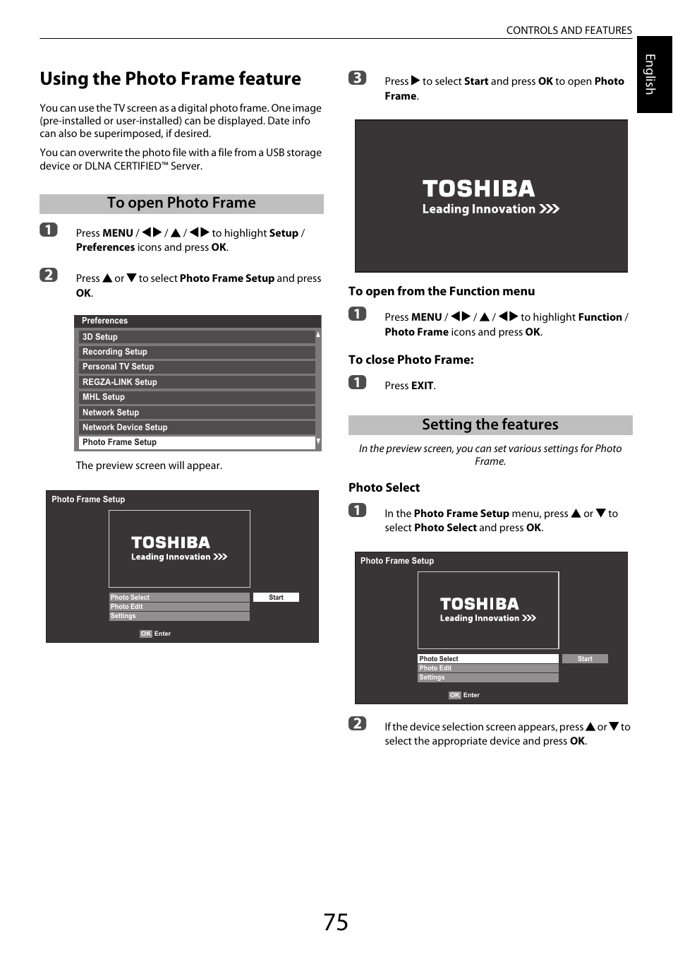 Using the photo frame feature, To open photo frame, Setting the features | Toshiba ZL2 User Manual | Page 75 / 108