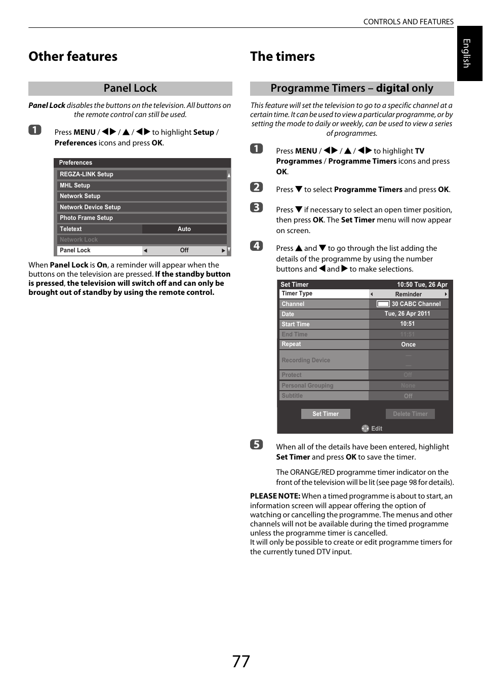 Other features, Panel lock, The timers | Programme timers – digital only, Programme timers, Engl ish | Toshiba ZL2 User Manual | Page 77 / 108