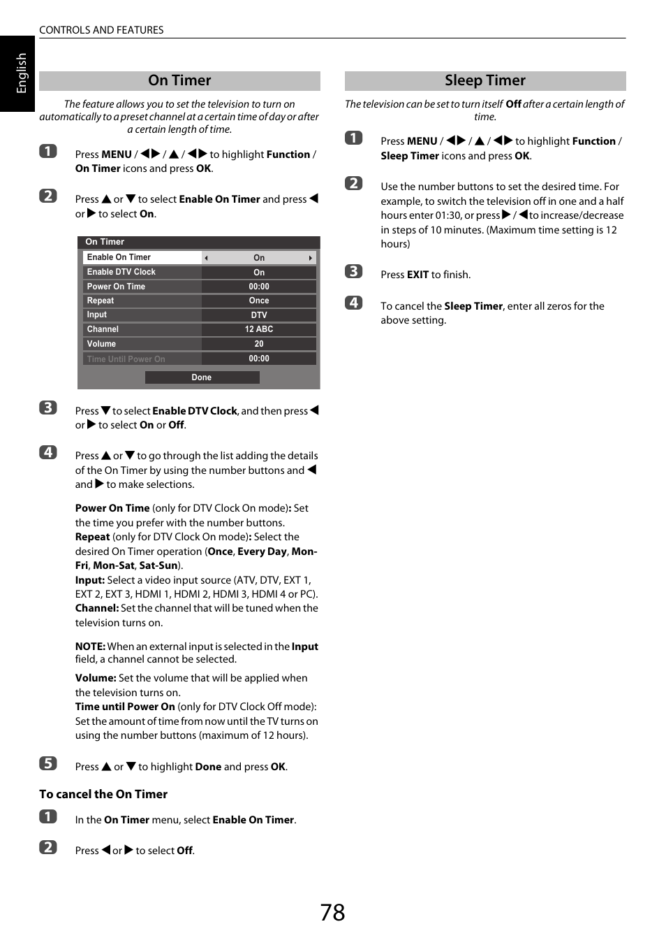 On timer, Sleep timer | Toshiba ZL2 User Manual | Page 78 / 108