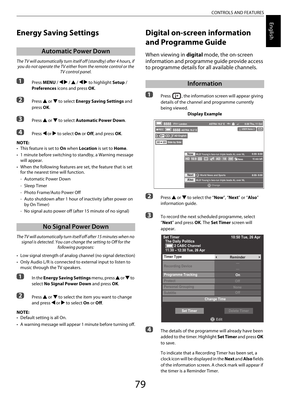 Energy saving settings, Automatic power down, No signal power down | Digital on-screen information and programme guide, Information, Engl ish | Toshiba ZL2 User Manual | Page 79 / 108