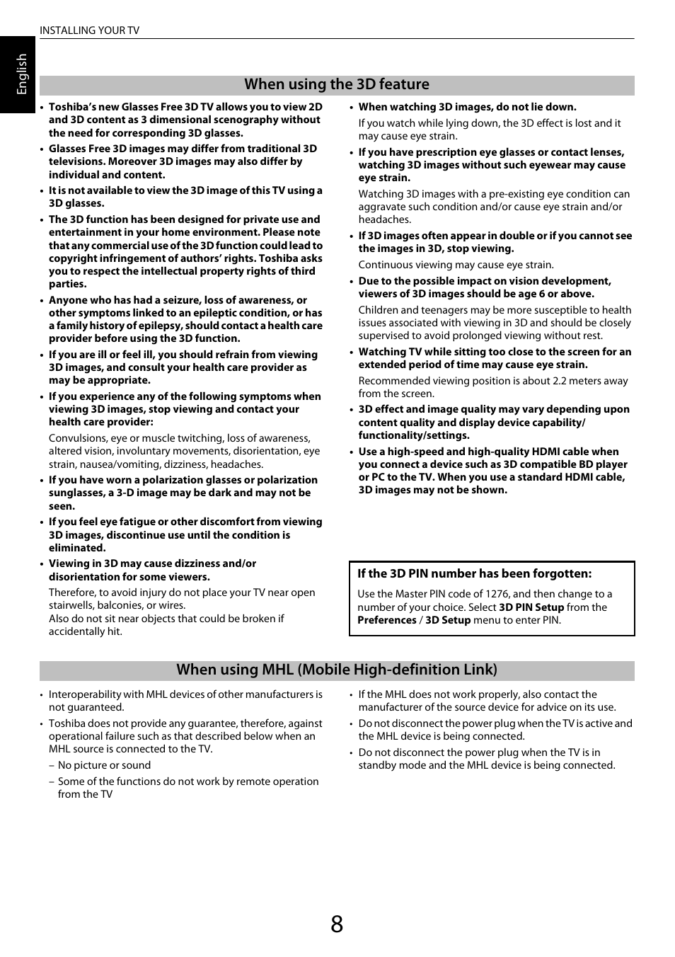 When using the 3d feature, When using mhl (mobile high-definition link) | Toshiba ZL2 User Manual | Page 8 / 108