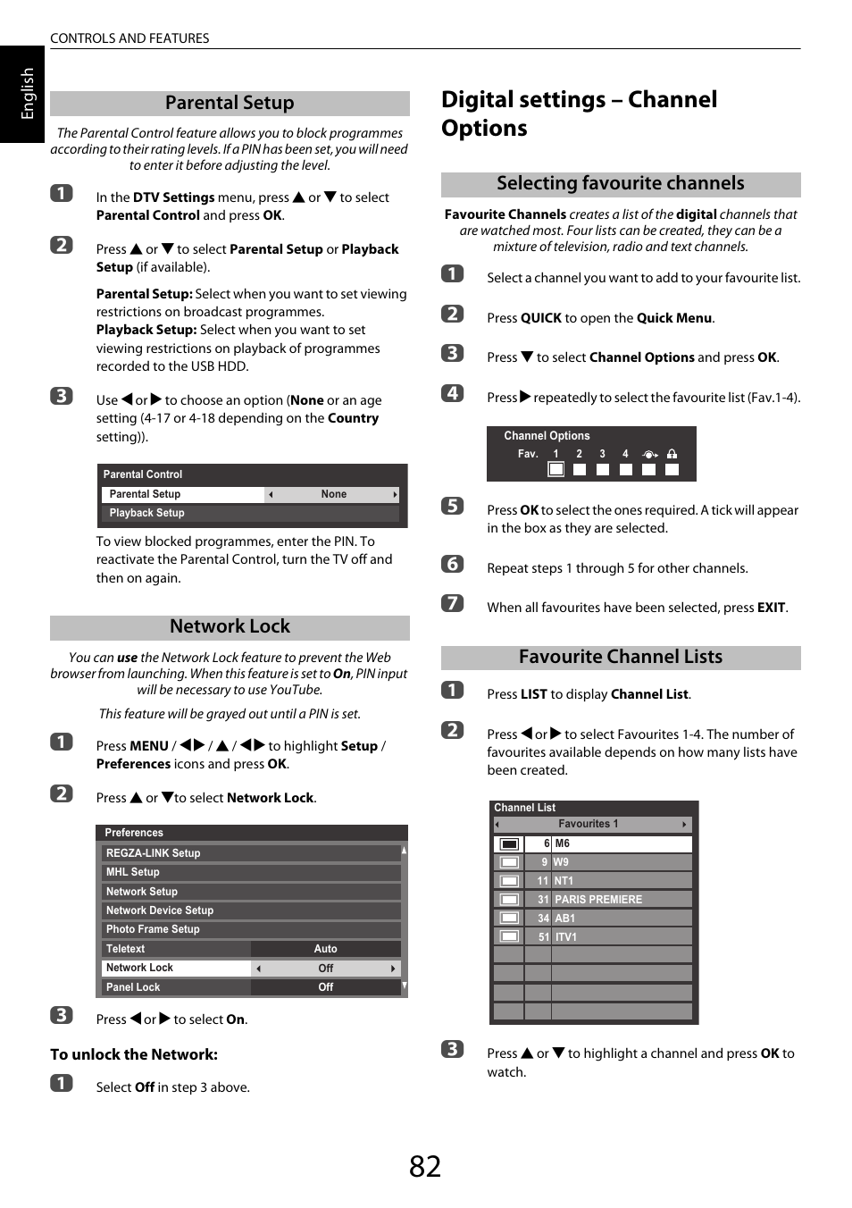 Parental setup, Network lock, Digital settings – channel options | Selecting favourite channels, Favourite channel lists, Digital, Parental setup network lock | Toshiba ZL2 User Manual | Page 82 / 108