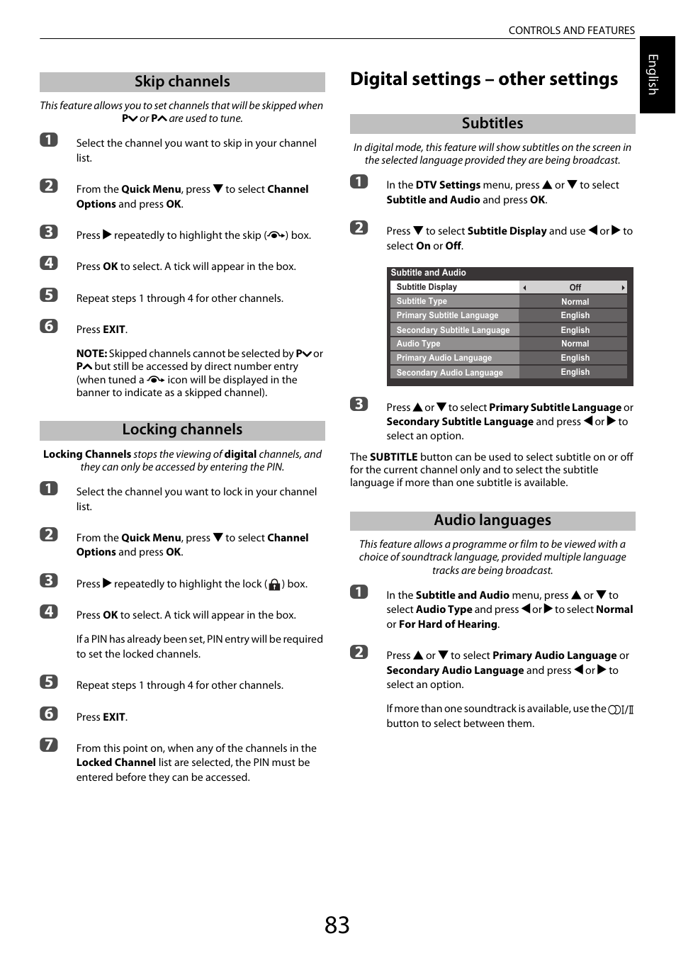 Skip channels, Locking channels, Digital settings – other settings | Subtitles, Audio languages, Digital | Toshiba ZL2 User Manual | Page 83 / 108