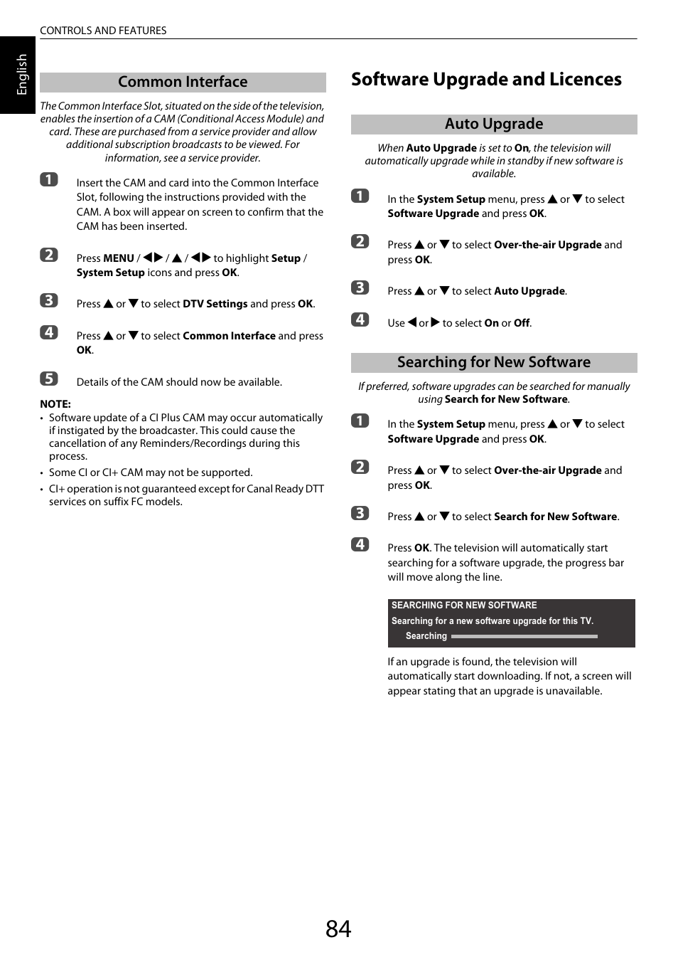 Common interface, Software upgrade and licences, Auto upgrade | Searching for new software | Toshiba ZL2 User Manual | Page 84 / 108