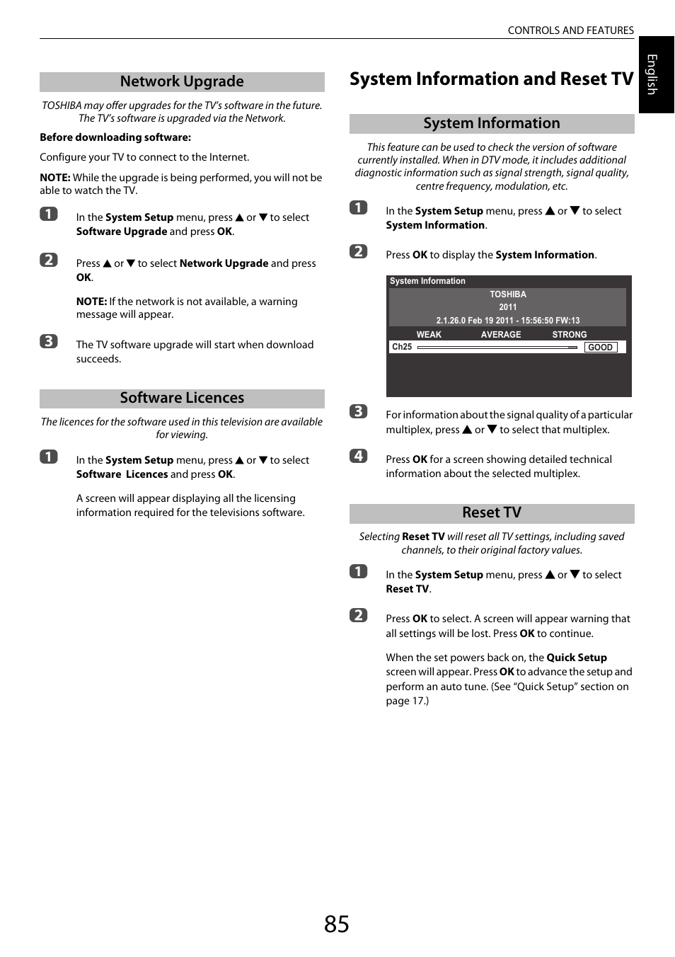 Network upgrade, Software licences, System information and reset tv | System information, Reset tv | Toshiba ZL2 User Manual | Page 85 / 108