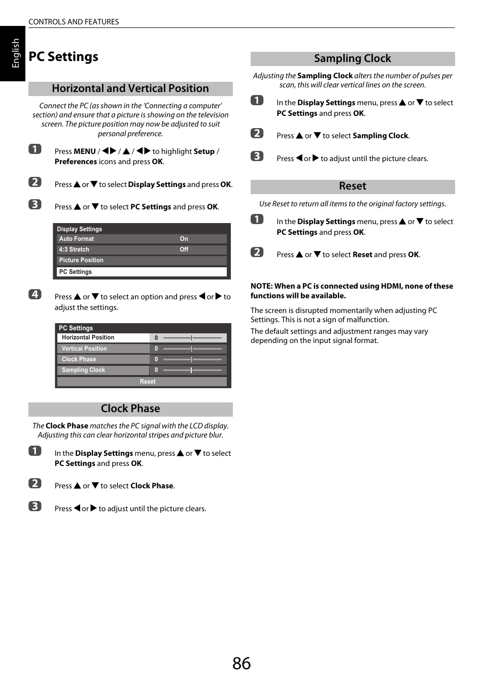 Pc settings, Horizontal and vertical position, Clock phase | Sampling clock, Reset, Horizontal and vertical position clock phase, Sampling clock reset | Toshiba ZL2 User Manual | Page 86 / 108