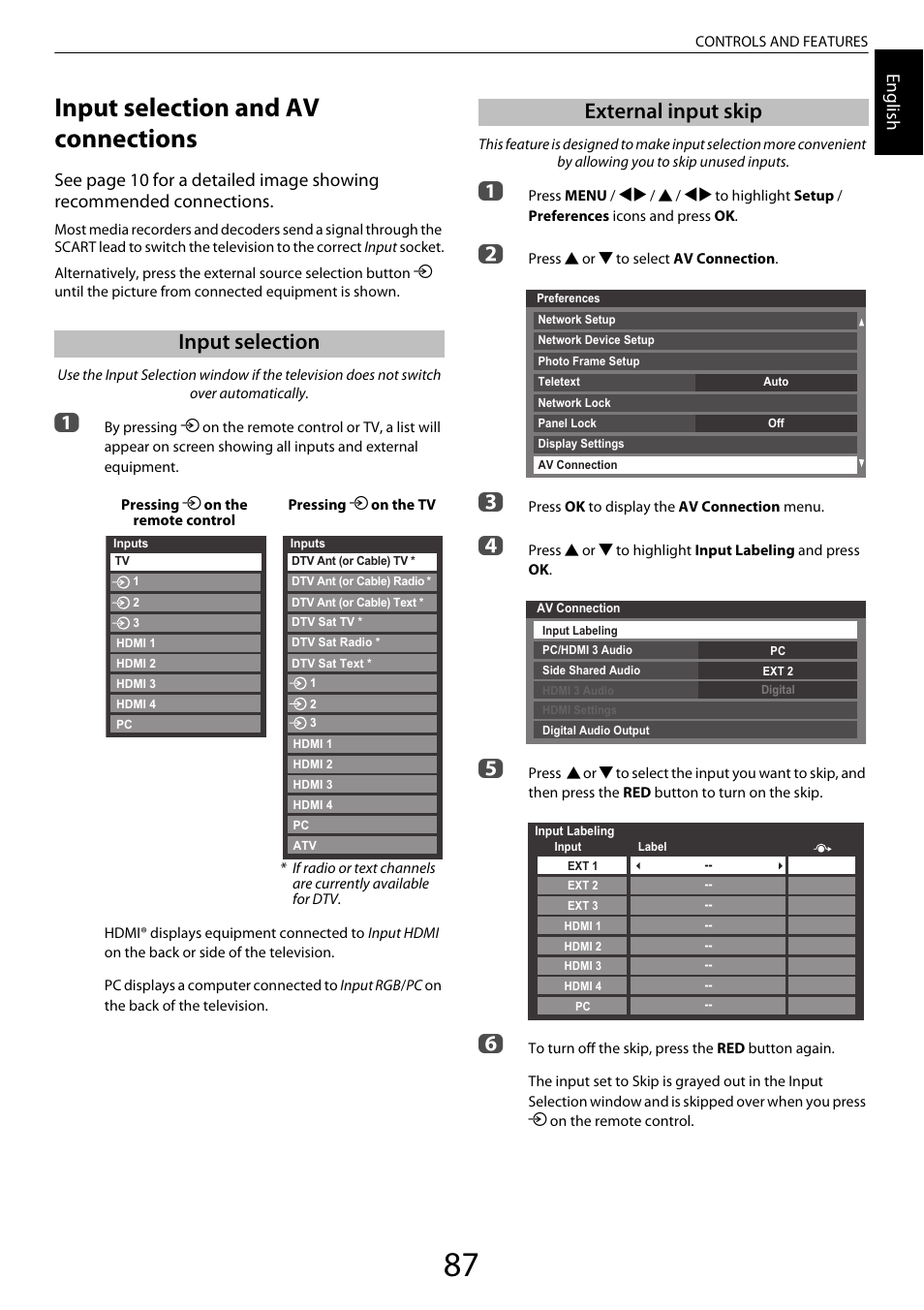 Input selection and av connections, Input selection, External input skip | Engl ish | Toshiba ZL2 User Manual | Page 87 / 108