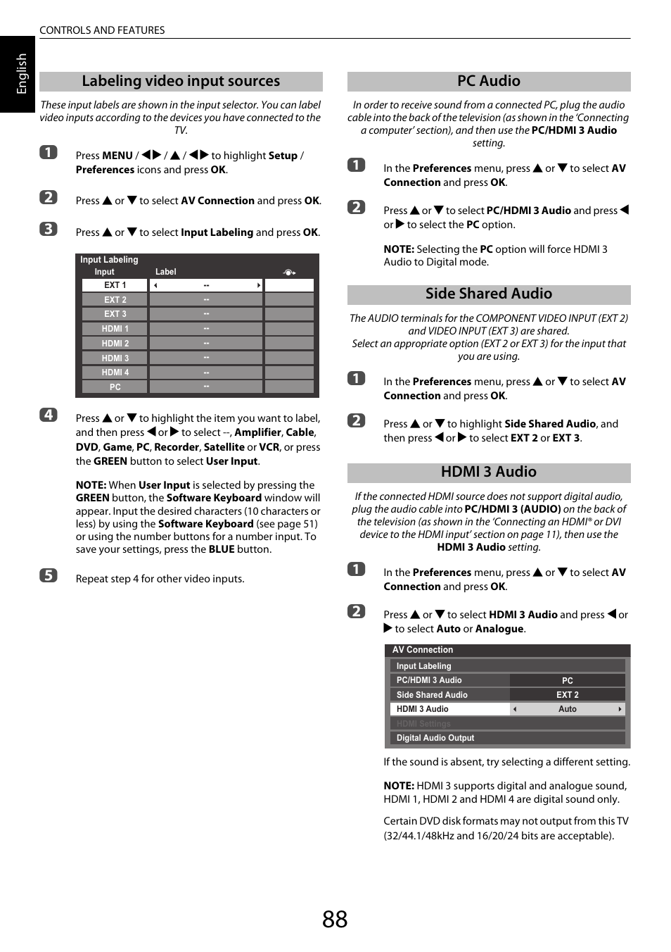 Labeling video input sources, Pc audio, Side shared audio | Hdmi 3 audio, Hdmi 3 audio” sec, Pc audio side shared audio hdmi 3 audio | Toshiba ZL2 User Manual | Page 88 / 108