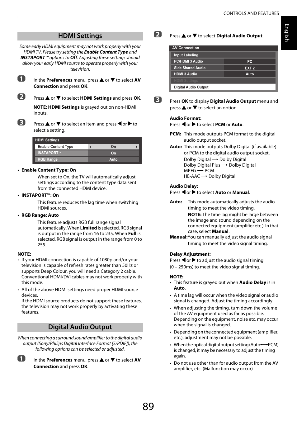 Hdmi settings, Digital audio output, Hdmi settings digital audio output | Toshiba ZL2 User Manual | Page 89 / 108