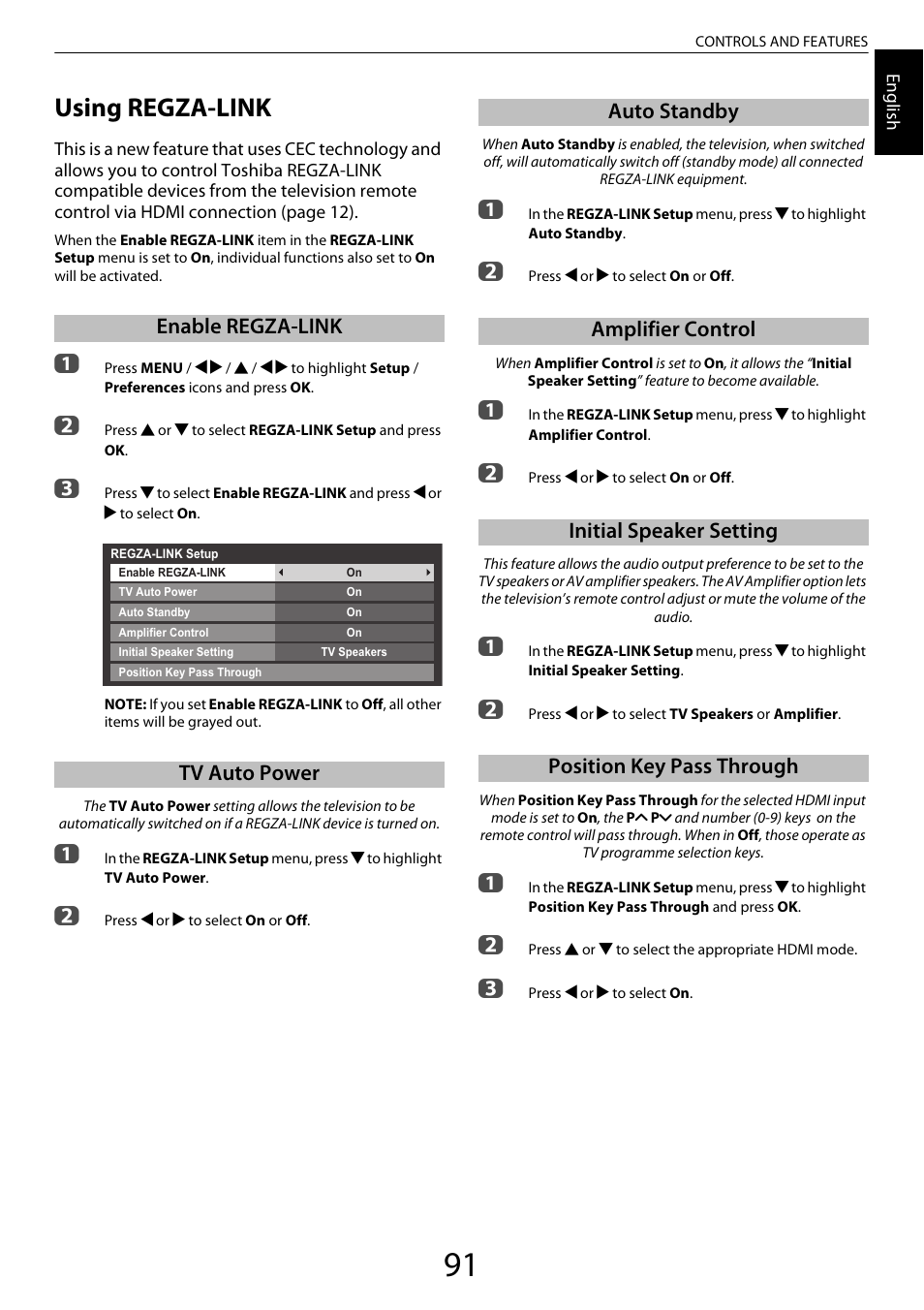 Using regza-link, Enable regza-link, Tv auto power | Auto standby, Amplifier control, Initial speaker setting, Position key pass through, Enable regza-link tv auto power | Toshiba ZL2 User Manual | Page 91 / 108