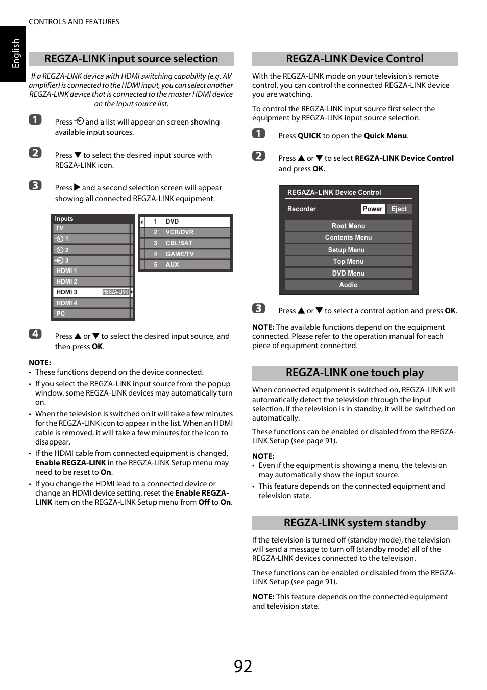 Regza-link input source selection, Regza-link device control, Regza-link one touch play | Regza-link system standby | Toshiba ZL2 User Manual | Page 92 / 108