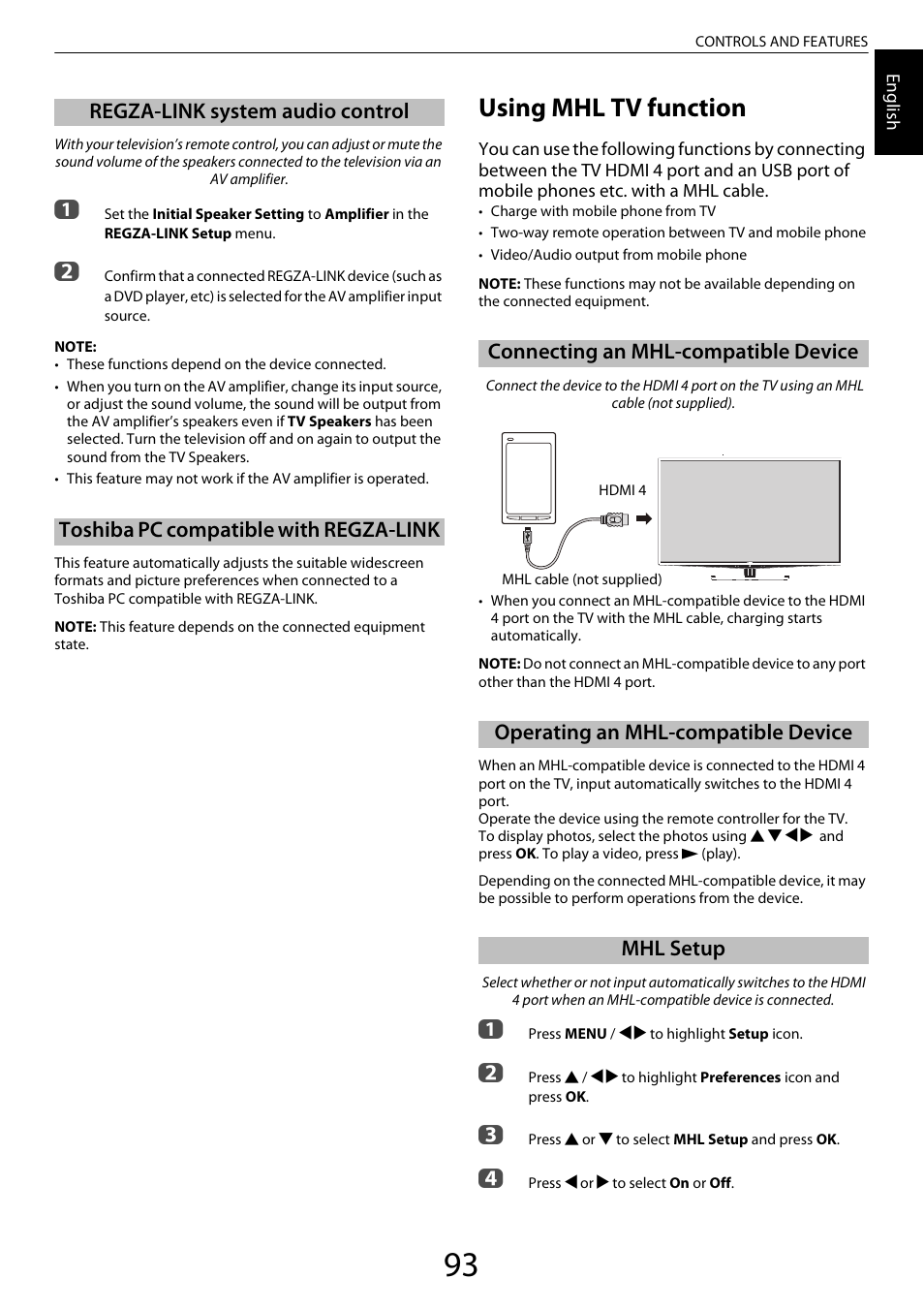 Regza-link system audio control, Toshiba pc compatible with regza-link, Using mhl tv function | Connecting an mhl-compatible device, Operating an mhl-compatible device, Mhl setup | Toshiba ZL2 User Manual | Page 93 / 108