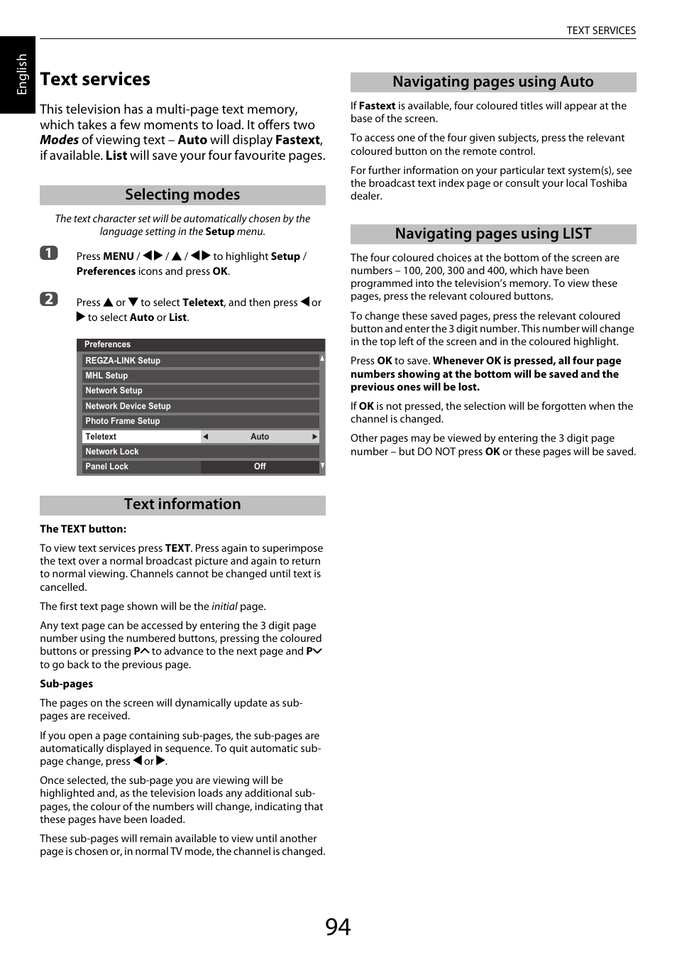 Text services, Selecting modes, Text information | Selecting modes text information | Toshiba ZL2 User Manual | Page 94 / 108