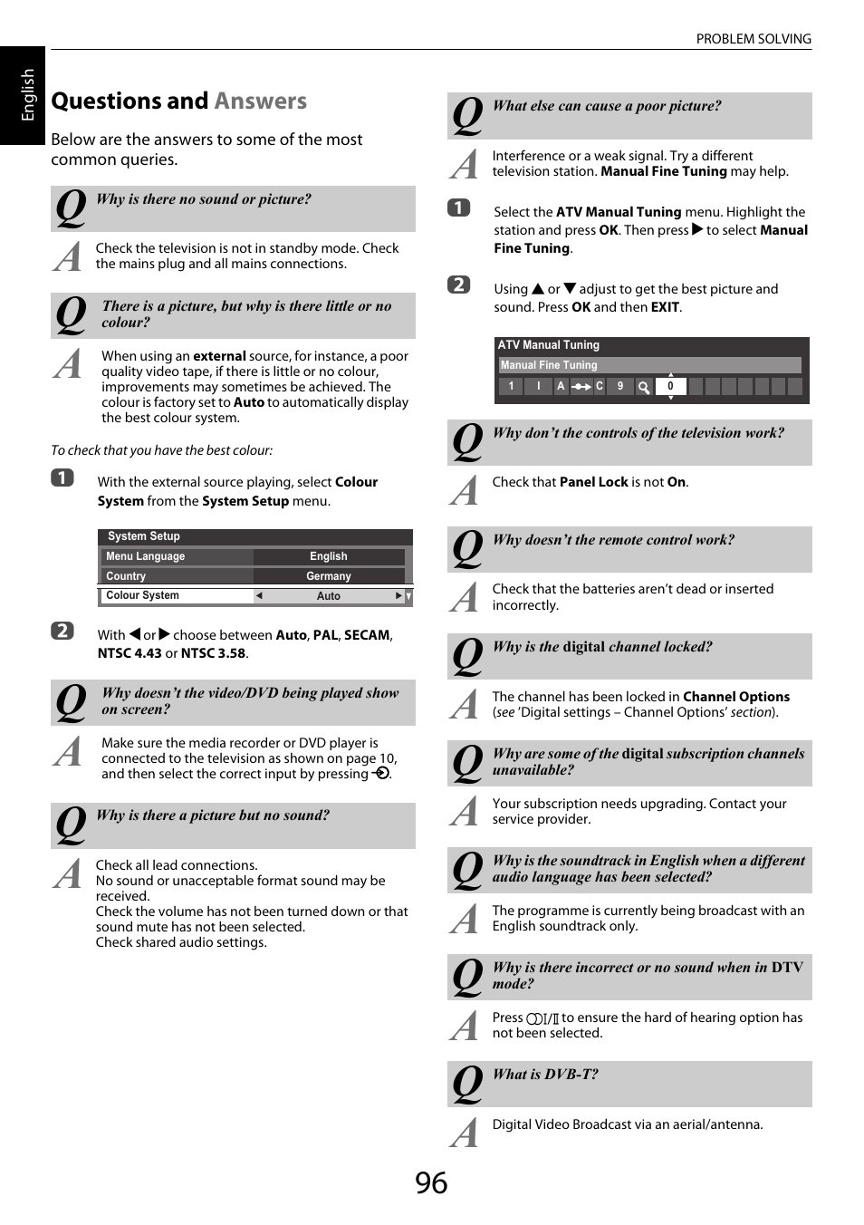 Problem solving, Questions and answers, Questions and | Toshiba ZL2 User Manual | Page 96 / 108