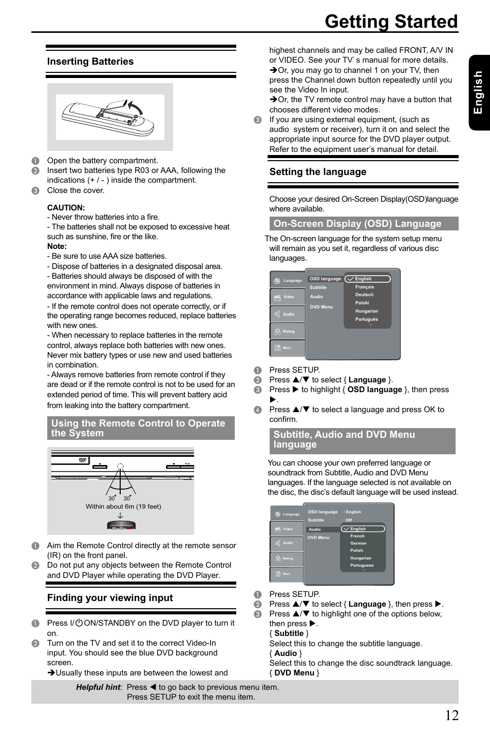 Getting started, English, Inserting batteries | Using the remote control to operate the system, Finding your viewing input, Setting the language, On-screen display (osd) language, Subtitle, audio and dvd menu language | Toshiba SD3005 User Manual | Page 13 / 26