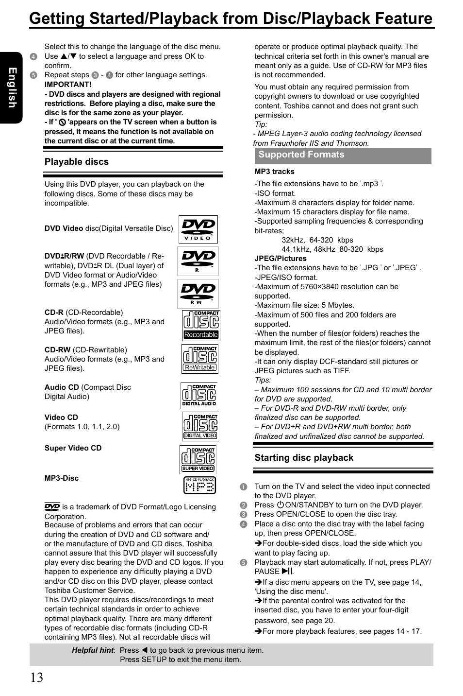 English, Playable discs, Supported formats | Starting disc playback | Toshiba SD3005 User Manual | Page 14 / 26