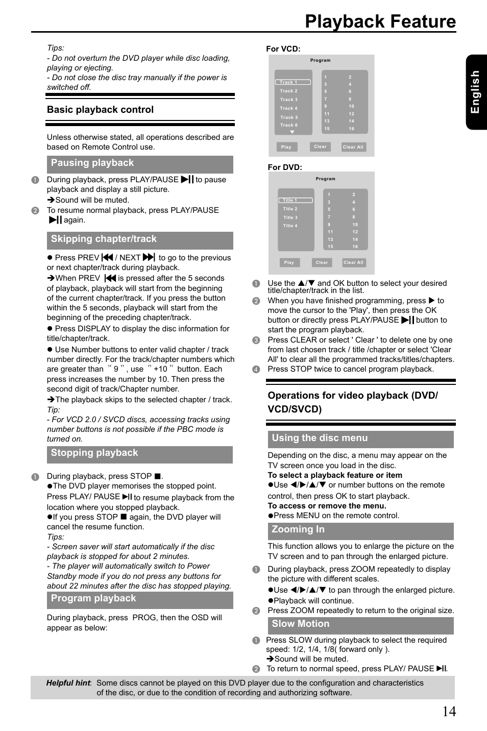 Playback feature, English, Basic playback control | Pausing playback, Skipping chapter/track, Stopping playback, Program playback, Operations for video playback (dvd/ vcd/svcd), Using the disc menu, Zooming in | Toshiba SD3005 User Manual | Page 15 / 26