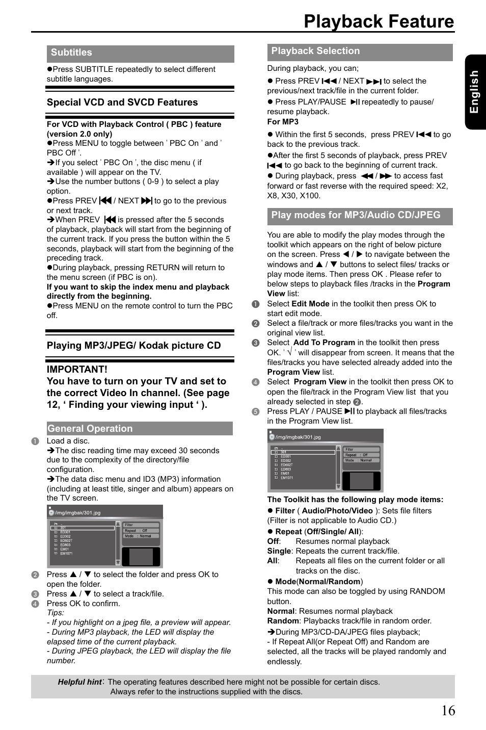 Playback feature, English, Subtitles | Special vcd and svcd features, General operation, Playback selection, Play modes for mp3/audio cd/jpeg | Toshiba SD3005 User Manual | Page 17 / 26