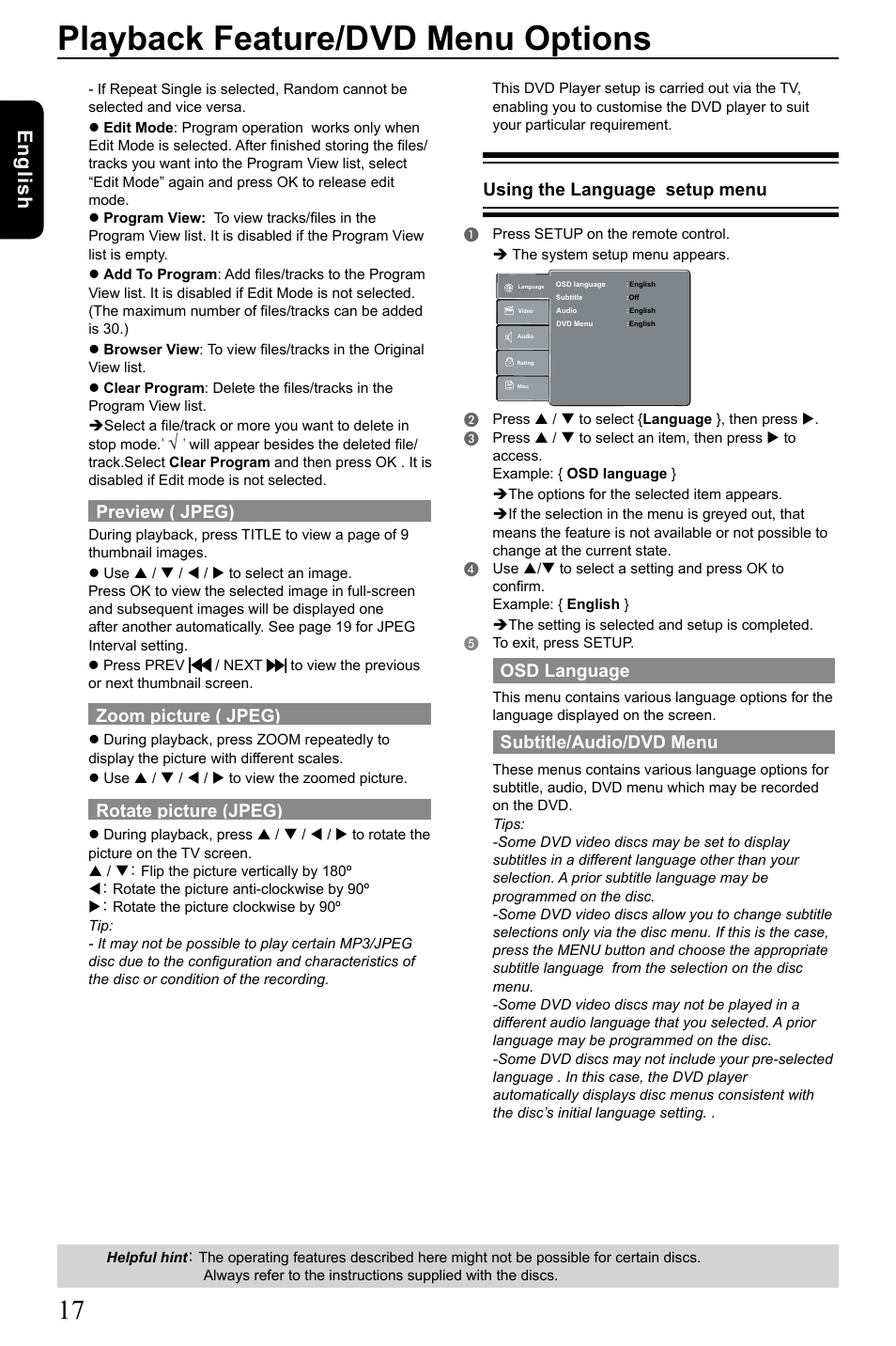 Playback feature/dvd menu options, English, Using the language setup menu | Osd language, Subtitle/audio/dvd menu, Preview ( jpeg), Zoom picture ( jpeg), Rotate picture (jpeg) | Toshiba SD3005 User Manual | Page 18 / 26