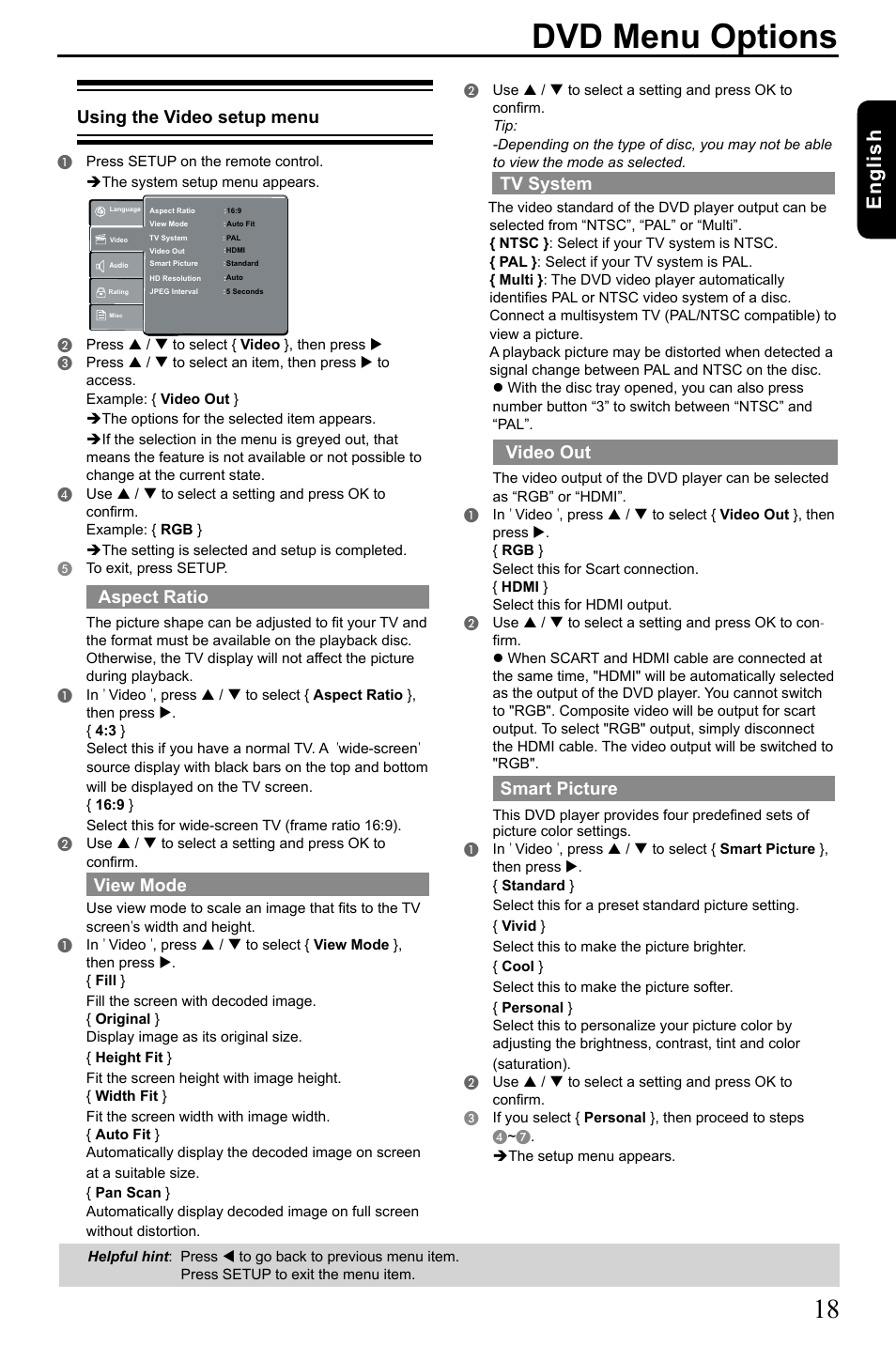 Dvd menu options, English, Tv system | Video out, Smart picture, Using the video setup menu, Aspect ratio, View mode | Toshiba SD3005 User Manual | Page 19 / 26