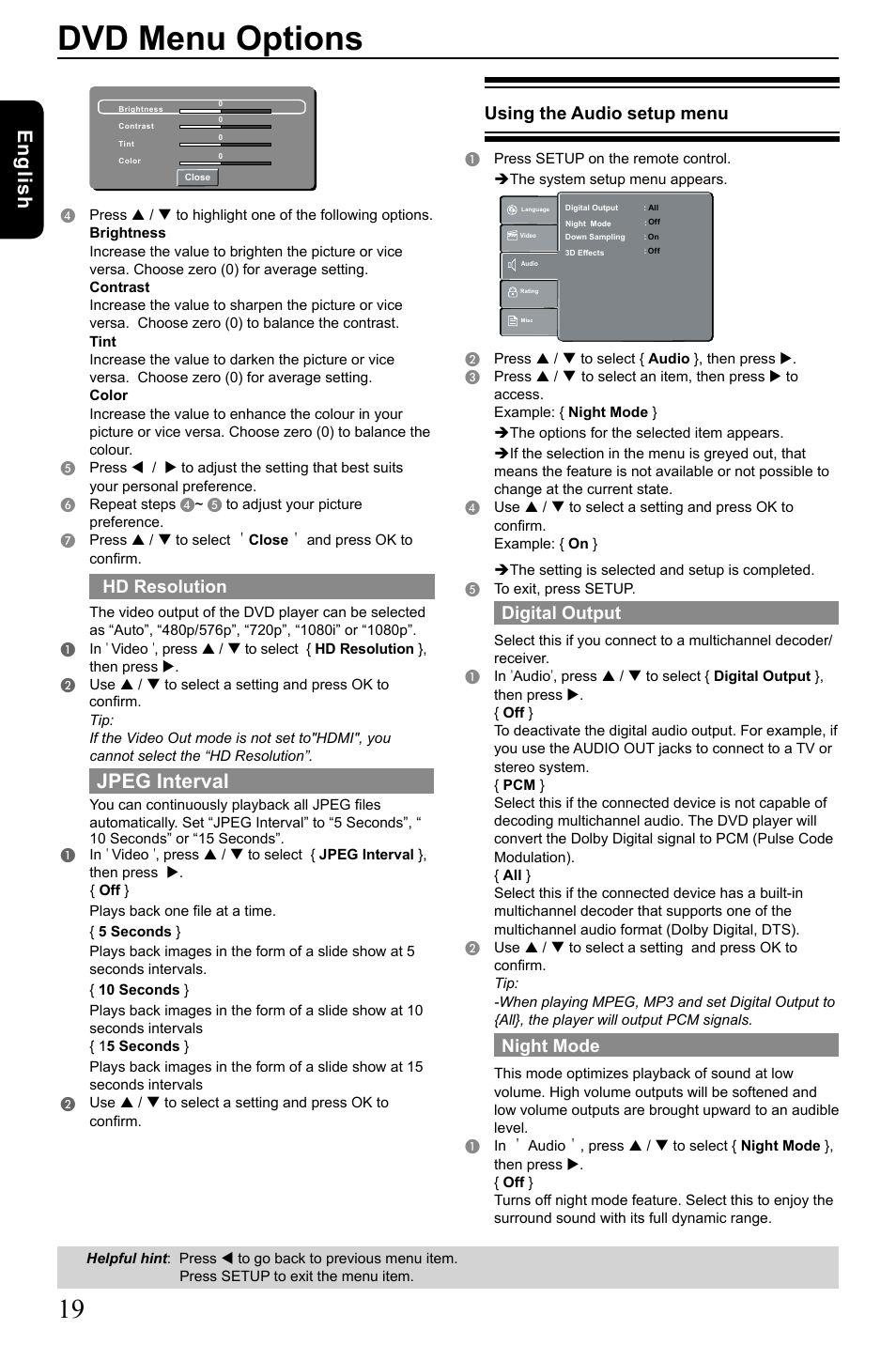 Dvd menu options, English, Jpeg interval | Hd resolution, Using the audio setup menu, Digital output, Night mode | Toshiba SD3005 User Manual | Page 20 / 26