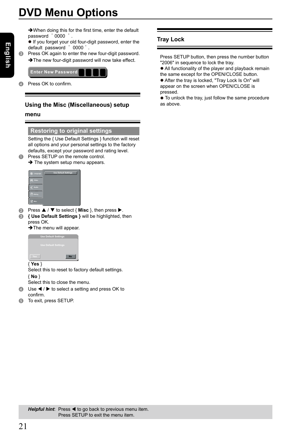 Dvd menu options, English, Using the misc (miscellaneous) setup menu | Restoring to original settings, Tray lock | Toshiba SD3005 User Manual | Page 22 / 26