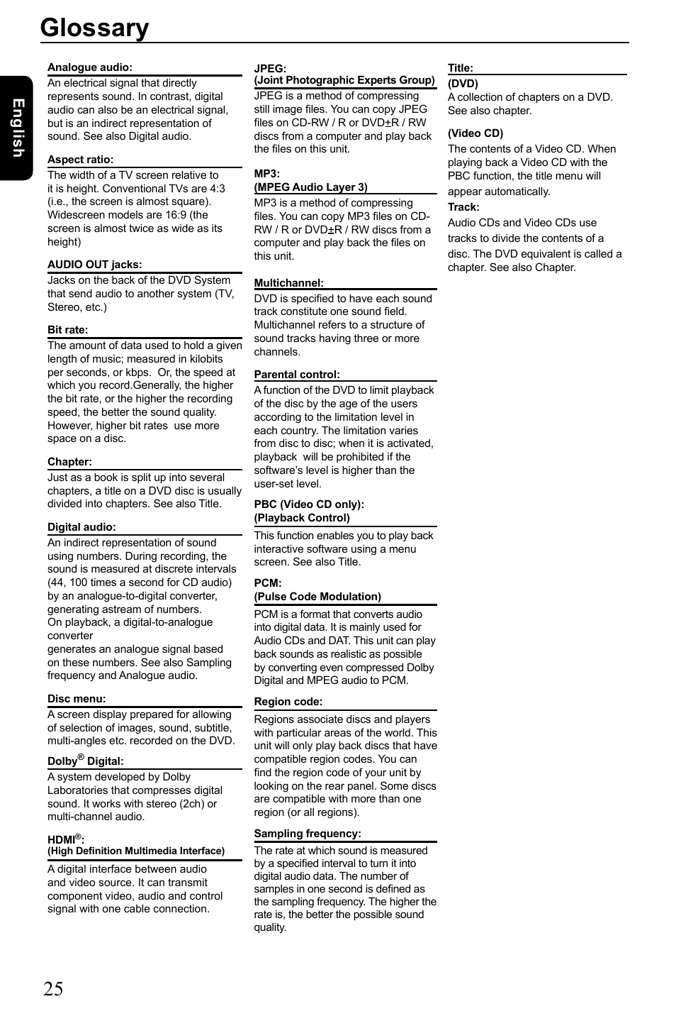 Glossary, English | Toshiba SD3005 User Manual | Page 26 / 26