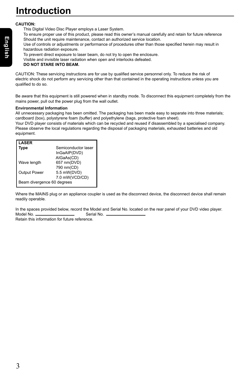 Introduction, English | Toshiba SD3005 User Manual | Page 4 / 26