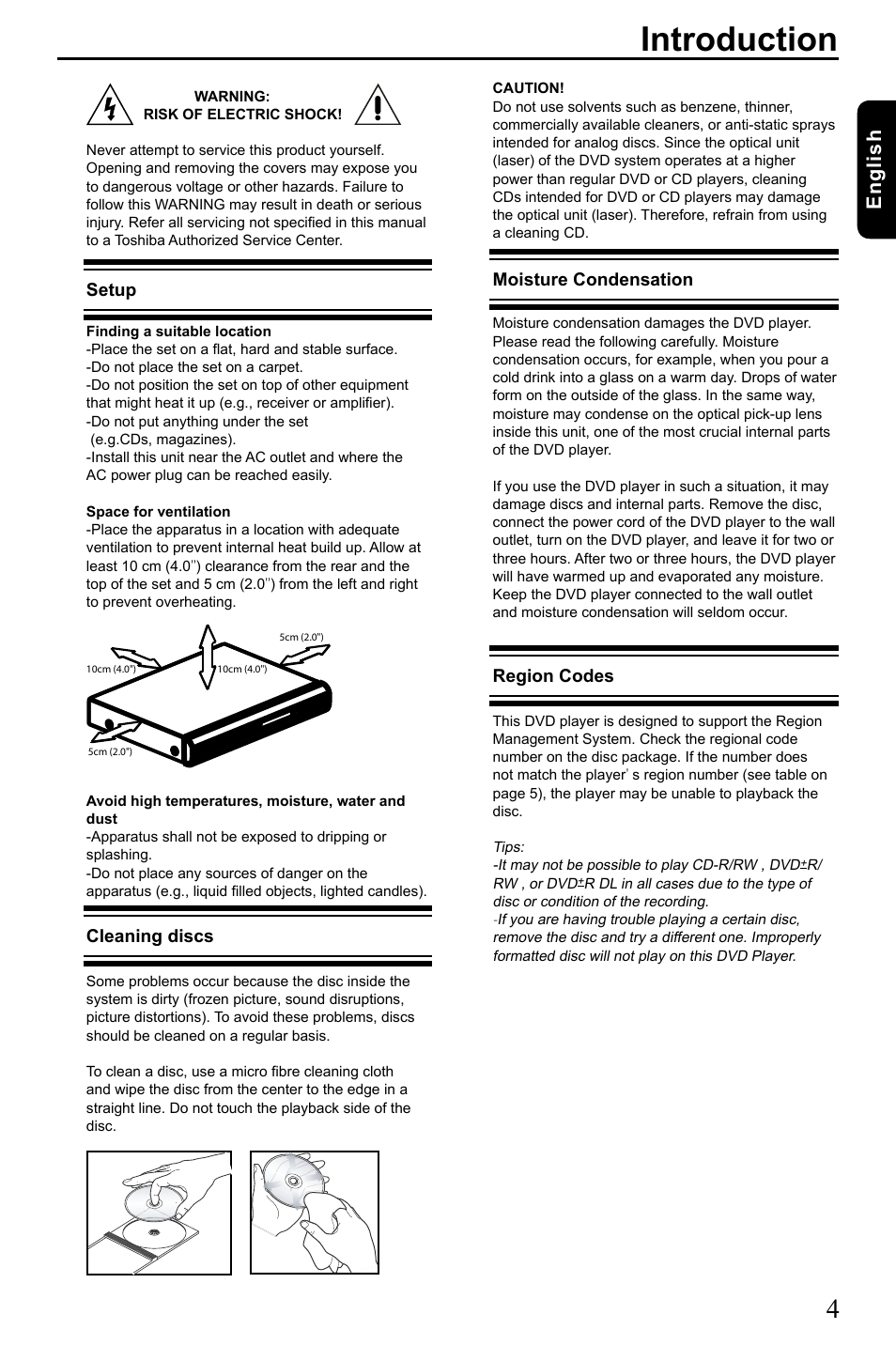 Introduction, English, Moisture condensation | Region codes, Setup, Cleaning discs | Toshiba SD3005 User Manual | Page 5 / 26