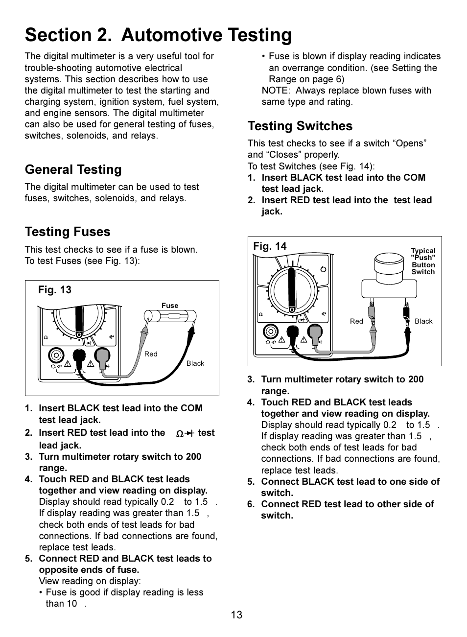 General testing, Testing fuses, Testing switches | Fig. 13, Fig. 14 | Actron Digital Multimeter CP7676 User Manual | Page 13 / 72